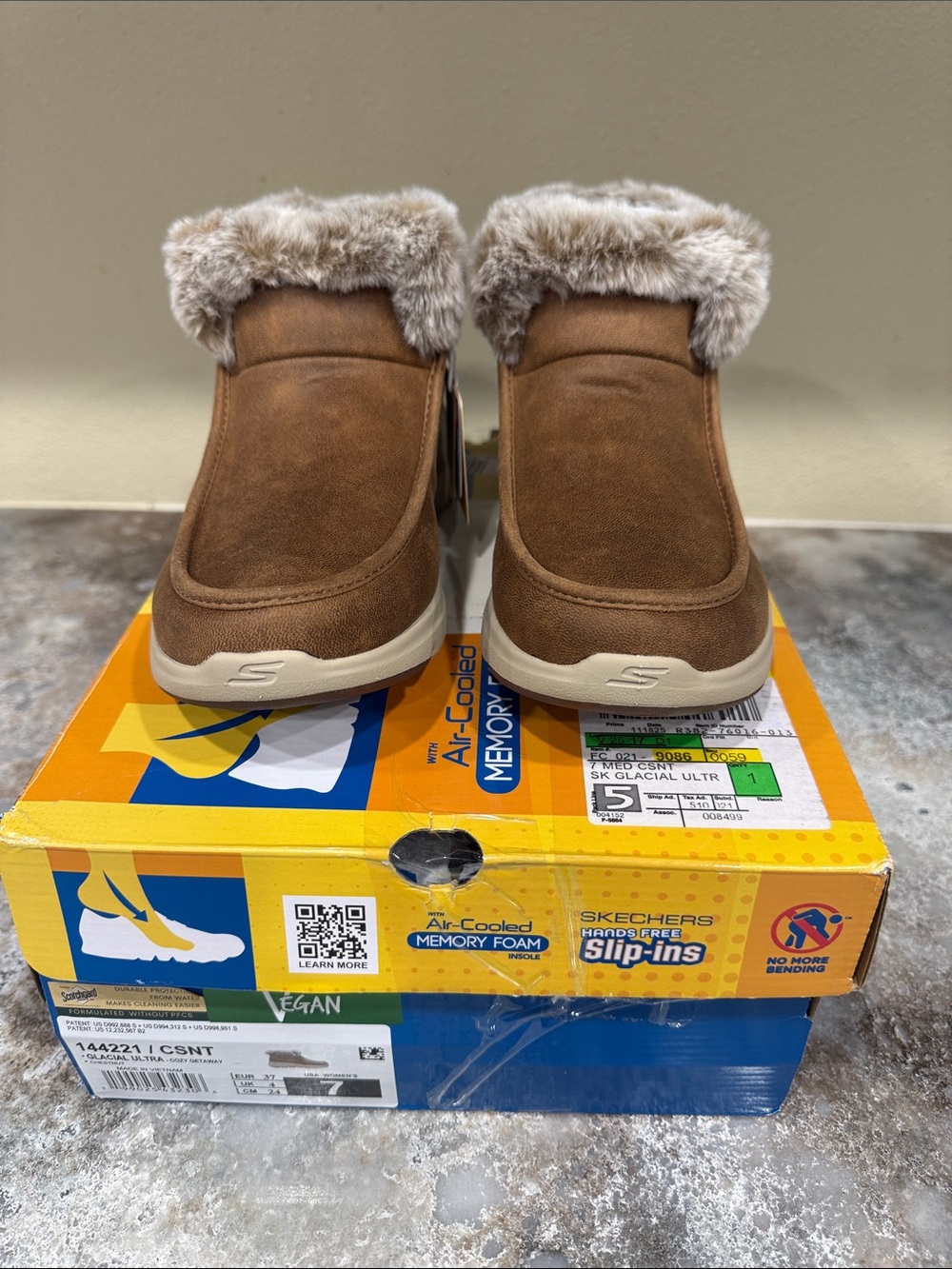 Skechers Brown Faux-Fur Cuff Slip-On Ankle Booties